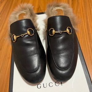 SOLD Gucci Princetown wool-trimmed leather backless loafers